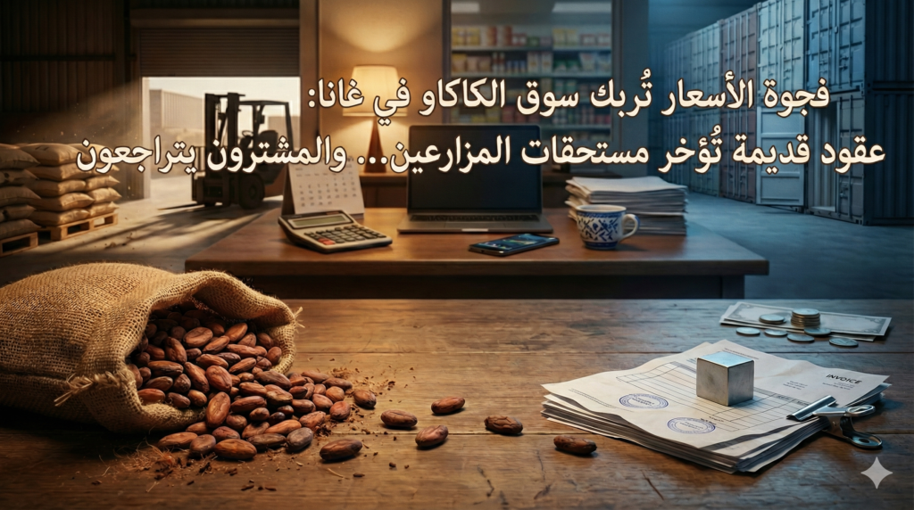 فجوة الأسعار تُربك سوق الكاكاو في غانا: عقود قديمة تُؤخر مستحقات المزارعين… والمشترون يتراجعون